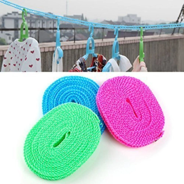 Nylon Clothesline Rope Windproof Anti-Slip Clothes Washing Line Drying Nylon Rope with Hooks 5 Meter Nylon Clothesline Rope (Muli Color)